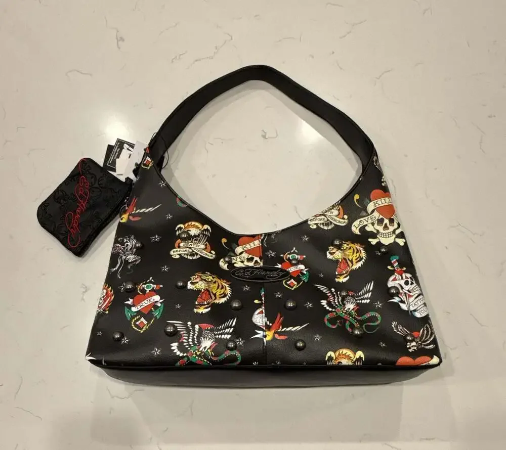 Ed Hardy Dalinda Black Studded Graphic Hobo Shoulder Bag with Pouch